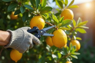 Personne taillant un arbre citronnier dans un jardin ensoleille