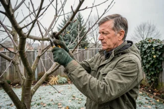 Homme qui taille un pommier en hiver avec des gants de jardinage dans un jardin résidentiel givré