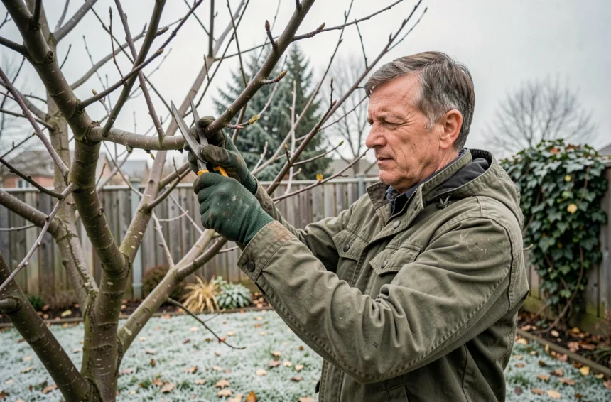 Homme qui taille un pommier en hiver avec des gants de jardinage dans un jardin résidentiel givré