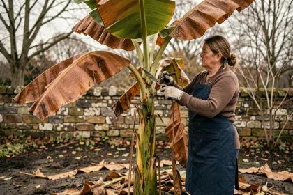 Jardinière taillant les feuilles sèches d'un bananier en automne avant l'hiver
