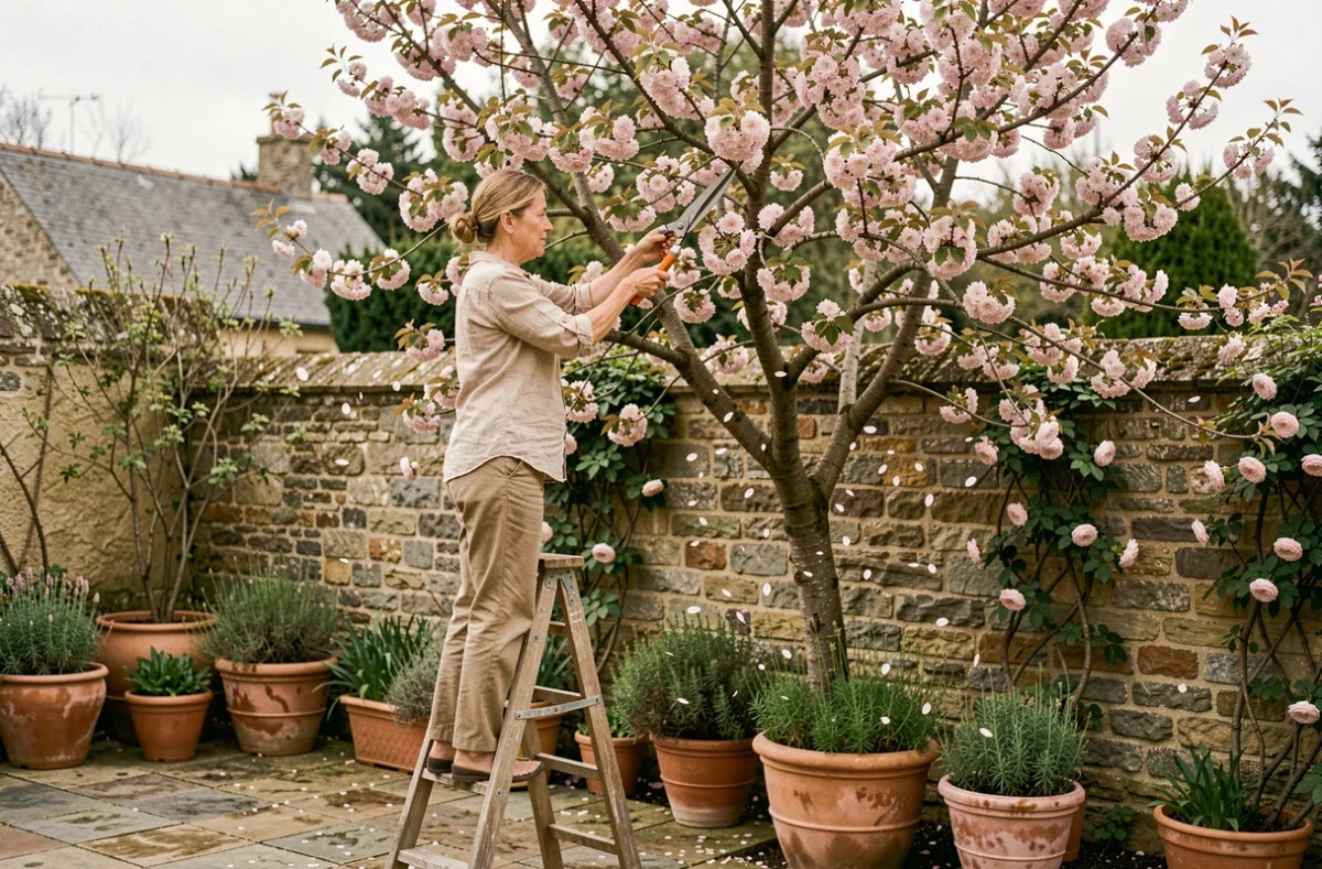 Femme sur un escabeau taillant un cerisier en fleurs au printemps dans un jardin de campagne français