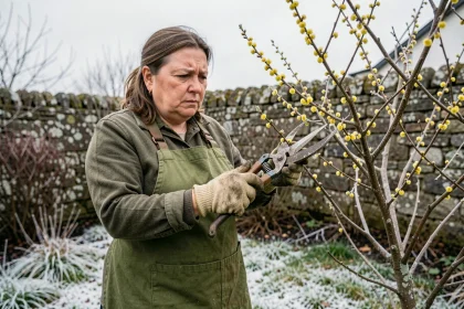 Femme jardinière taillant un mimosa au sécateur au printemps après une gelée tardive, dans un jardin résidentiel