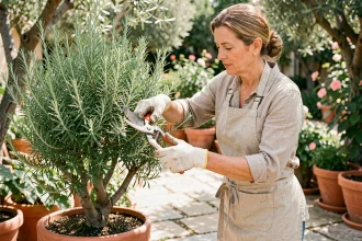 Femme qui taille un buisson de romarin avec un sécateur dans un jardin méditerranéen