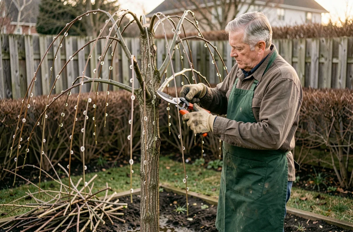 Jardinier expérimenté en train de tailler un saule crevette sur tige en fin d'hiver avec un sécateur dans un jardin suburban