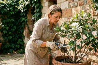 Femme jardinière taillant sévèrement un seringat en pot sur une terrasse en pierre