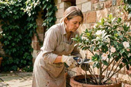 Femme jardinière taillant sévèrement un seringat en pot sur une terrasse en pierre