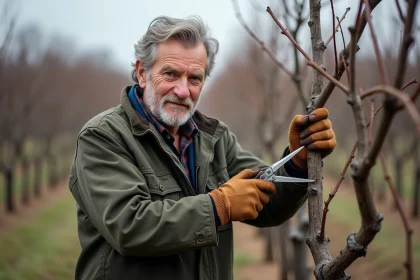 Vigneron taillant une vigne dormante en hiver dans un vignoble bourguignon, sécateur en main