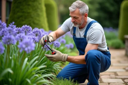 Homme jardinier taillant des agapanthus avec soin
