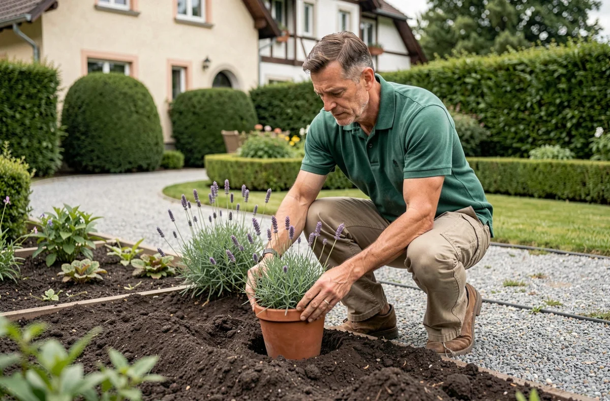 Paysagiste Thierry Muller plantant des végétaux dans un jardin résidentiel à Geispolsheim