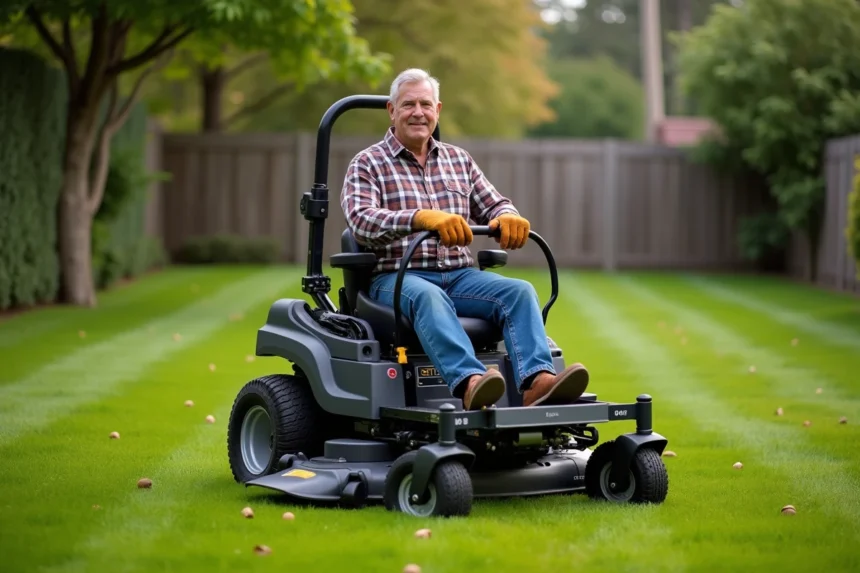 Homme d'âge moyen sur une tondeuse dans un grand jardin