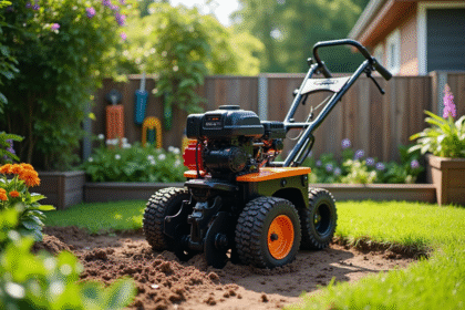 Tondeuse compacte dans un jardin ensoleille
