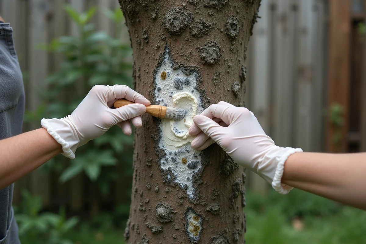 Application d'un traitement biologique sur un mûrier platane atteint d'oïdium avec un pinceau naturel dans un jardin