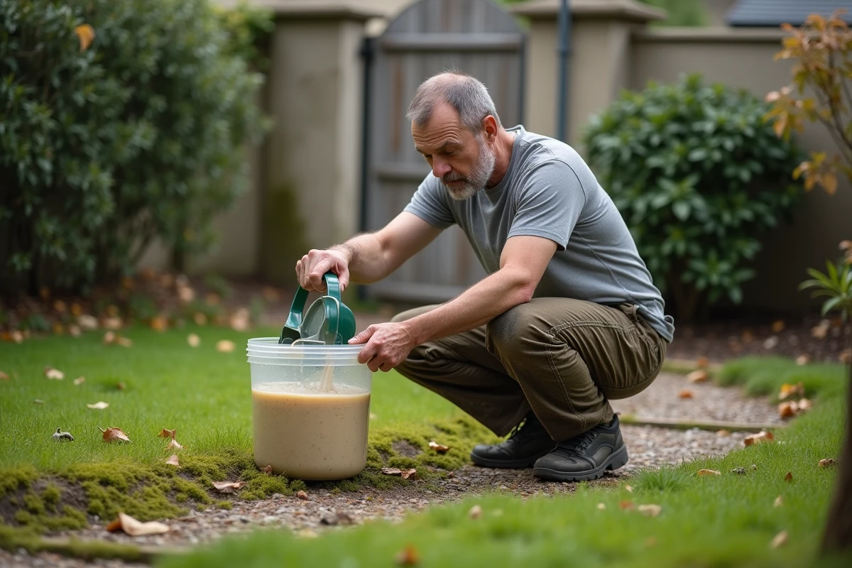 Homme traitant la mousse de pelouse avec une solution naturelle versée d'un arrosoir