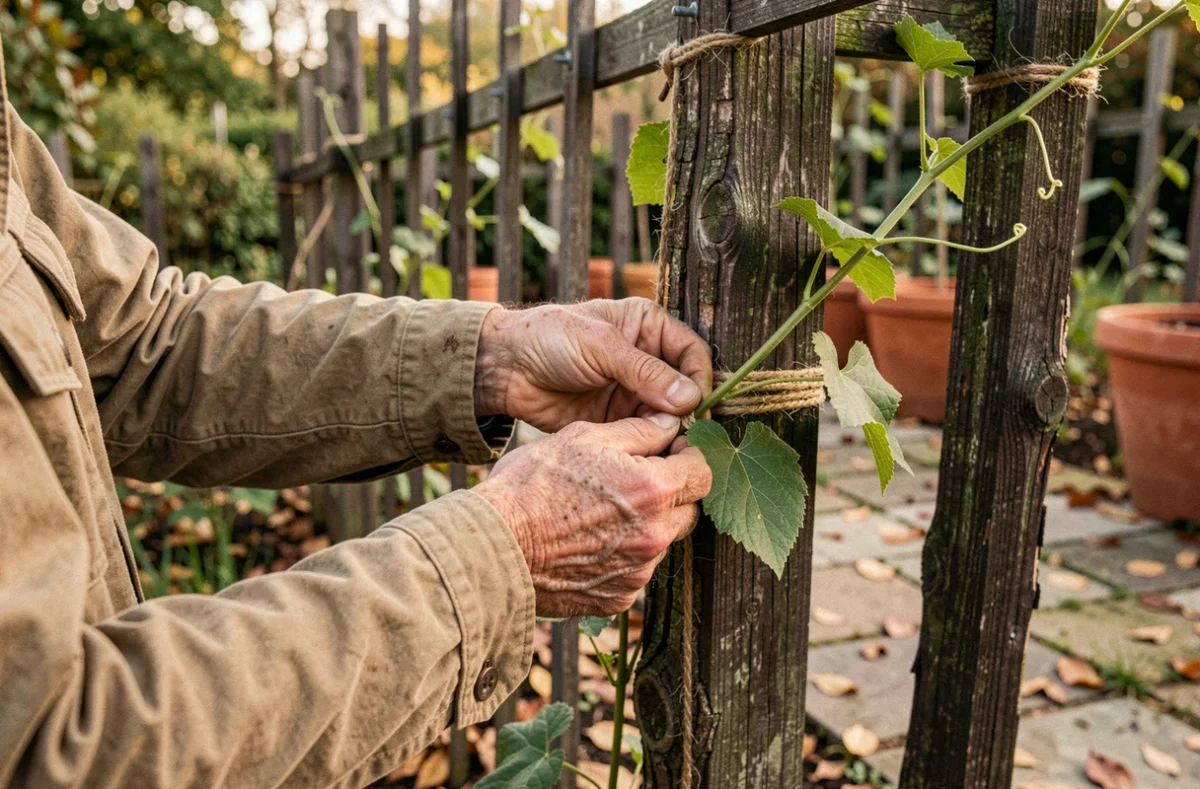Mains d'un jardinier attachant une vigne de kiwi à un treillis en bois avec de la ficelle de jute