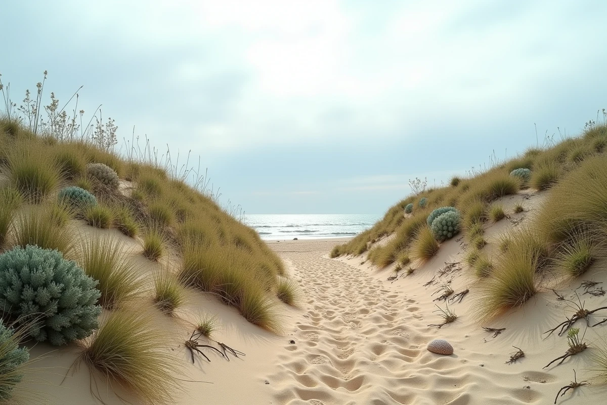 Vaste plage de sable avec plantes résistantes au vent