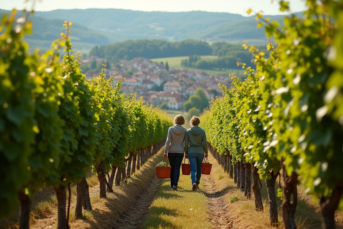 Vue panoramique d'un vignoble alsacien pendant les vendanges avec des vignes bien taillées chargées de raisins mûrs