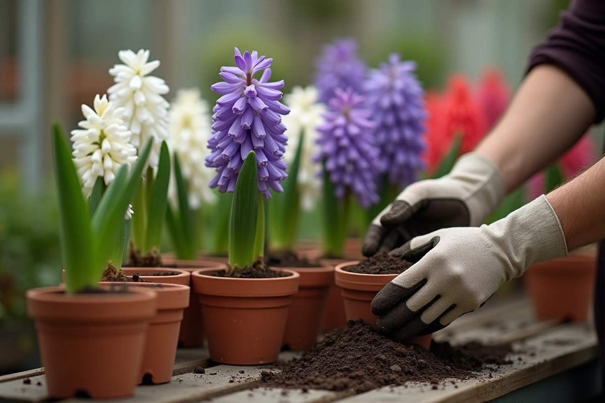 Vérification de l'humidité du sol d'une jacinthe de Noël en pot sur un établi de jardinage