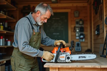 Homme vérifiant les caractéristiques techniques de la tronçonneuse STIHL MS 211 dans un atelier rural