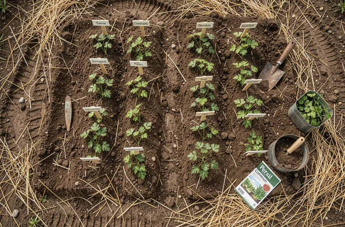 Vue aérienne d'un rang de persil semé en pleine terre avec étiquettes et outils de jardinage
