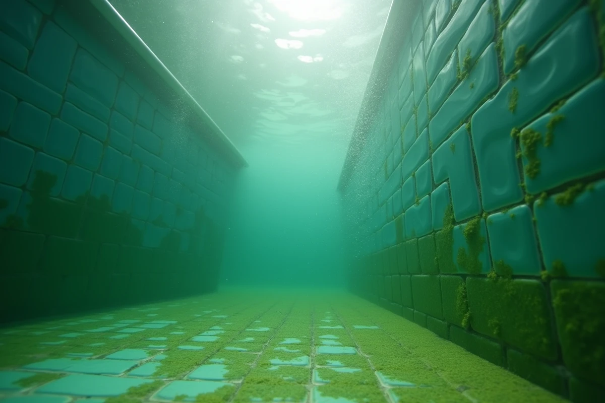 Vue sous-marine d'une piscine envahie par les algues, eau trouble et verte avec biofilm sur les parois carrelées